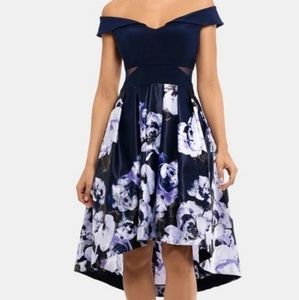 Xscape Womens Navy Floral Hi-Low Gown Size 10 Original $259 NWT